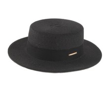 Straw Beach Sun Hat Pork-Pie Boater-Hat for Women Men - Summer Medium Black