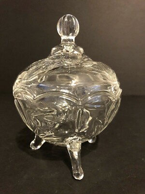 Clear Glass 3 Footed Covered Candy/Trinket  Box 5'' Tall