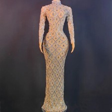 Sparkly Crystals Sequins Mesh Long Dress Evening Prom Party Birthday Dress Mesh