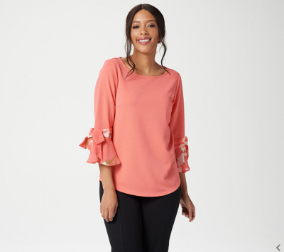 Joan Rivers Knit Top with Chiffon Cuff Detail-Melon-Large A347348