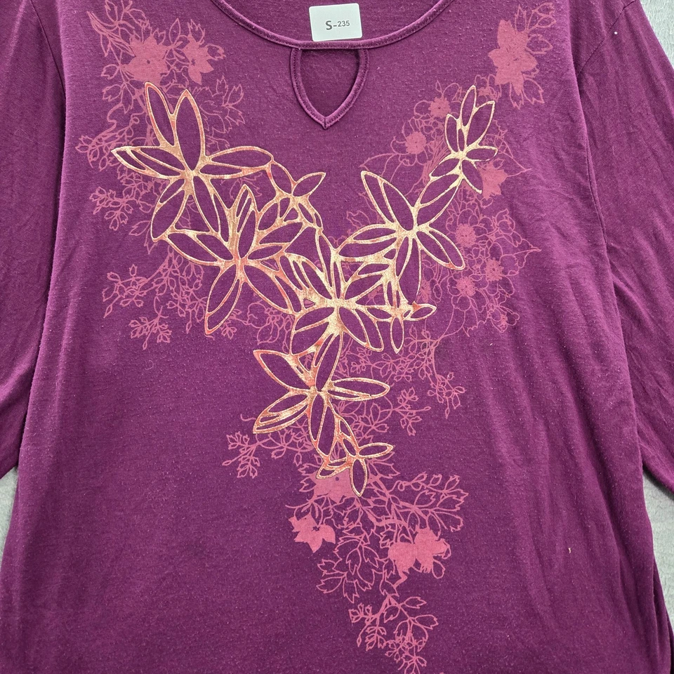 Camiseta JMS Just My Size Mujer Top 3X Púrpura Camisa Floral Globo Manga 3/4 LEER Foto 3 de 4