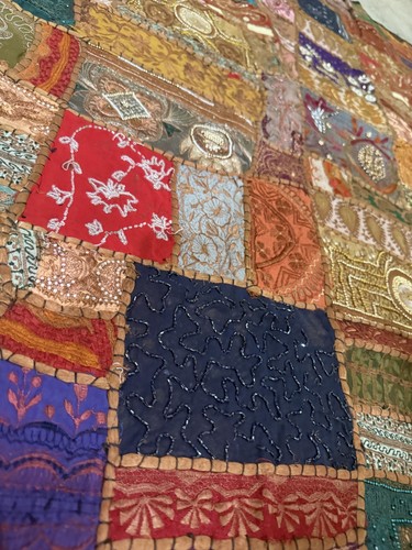 60" RIESIGER INDISCHER STARK PERLEN KUNST DEKOR VINTAGE SARI ZARI WANDBEHANG WANDTEPPICH - Bild 3 von 9