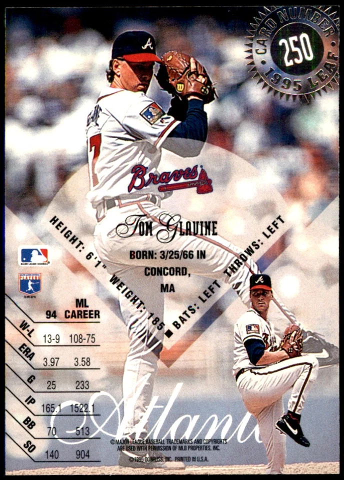 Tom Glavine 1995 Leaf #250 Atlanta Braves MLB READ FREE SHIPPING AutographDen - Image 2 of 2
