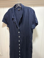 Quince 100% European Linen Button Front Dress Navy Basic Sleeved Large No Belt