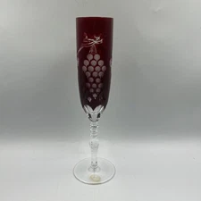 10.25” AJKA MARSALA FLUTE CASED Ruby Red CUT TO CLEAR CRYSTAL HUNGARY BOHEMIAN