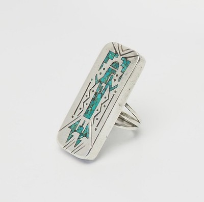 Southwestern signed rectangle Kachina figure inlaid sterling