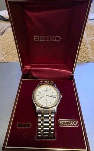 Seiko SQ Watch Men 36mm Silver Dial Two Tone Daydate Round 5Y23-7089 - WORKING