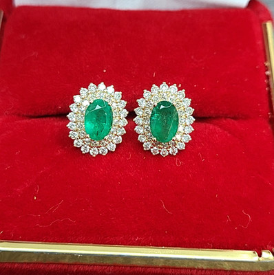 Deal! 1.50CTW Genuine Natural Oval Emerald Diamonds earrings 14K Gold 9mm