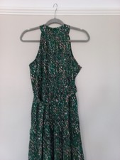 Green Abstract Print Halter Neck Sleeveless, Maxi dress, Elastic Waist.