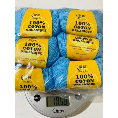 NWT 6 Mengchu 100% Organic Cotton Yarn Color: Sky Blue ~48g ea 10 oz total
