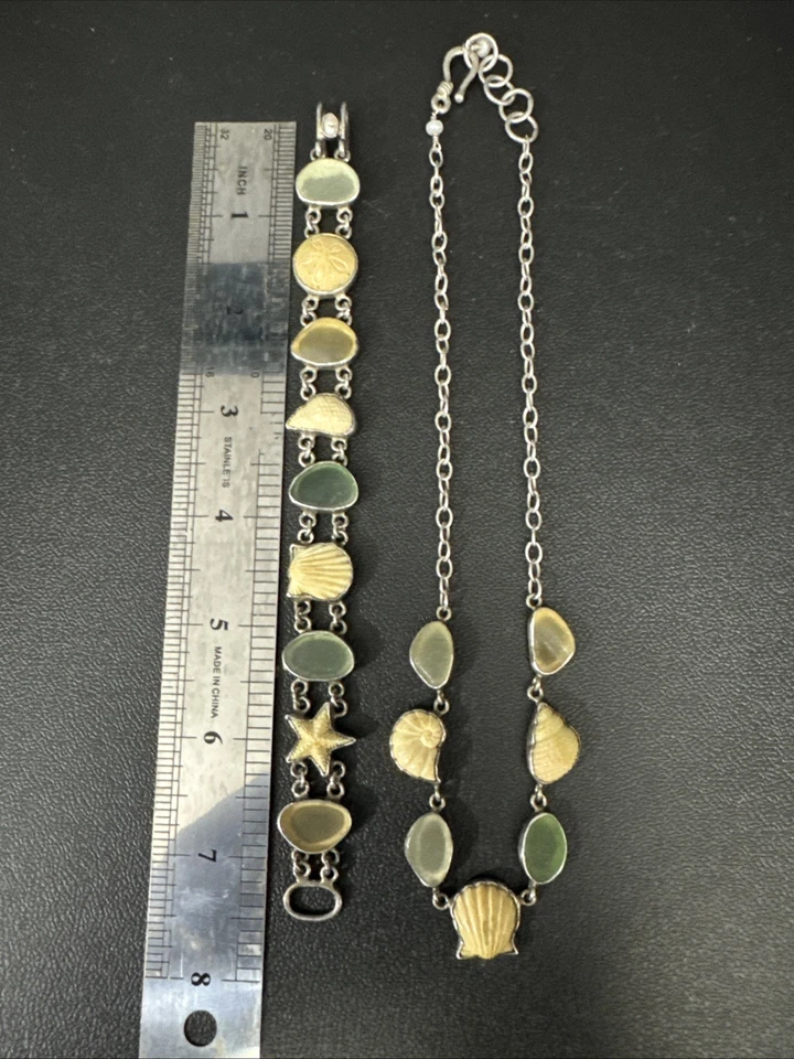 Collar y PULSERA DE COLECCIÓN JESSICA LEE ARTESANAL DE PLATA ESTERLINA concha y vidrio marino JL Foto 2 de 4
