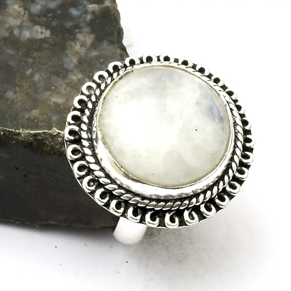 Regenbogen Mondstein Edelstein ethnische Handarbeit Ring Schmuck US-Größe - 7,25 AR 33353