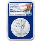 2021 $1 1-oz T-1 American Silver Eagle NGC MS70 FDI Trump Label Blue Core