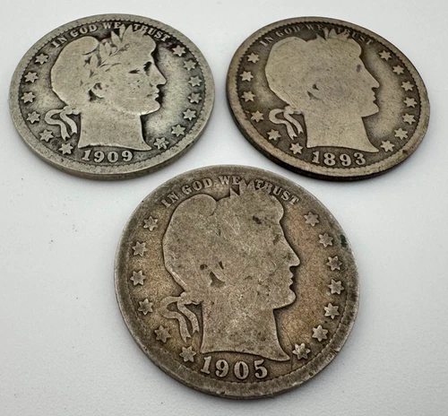 Barber Quarters Lot of 3 1893-S 1909-O 1905-O