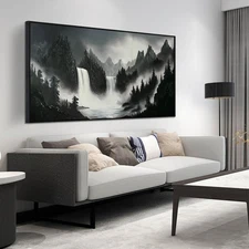 Hand Painted Mountains Painting for Living Room - Waterfall Canvas Wall Art f...
