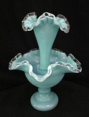 VTG 1950's Fenton Silver Crest Aqua Epergene Bowl And Horn Set STUNNING EVC