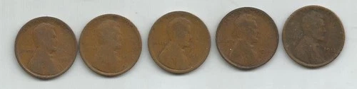 1909, 1910, 1911, 1912, 1913 LINCOLN WHEAT CENTS - LOT OF 5 COINS - GOOD