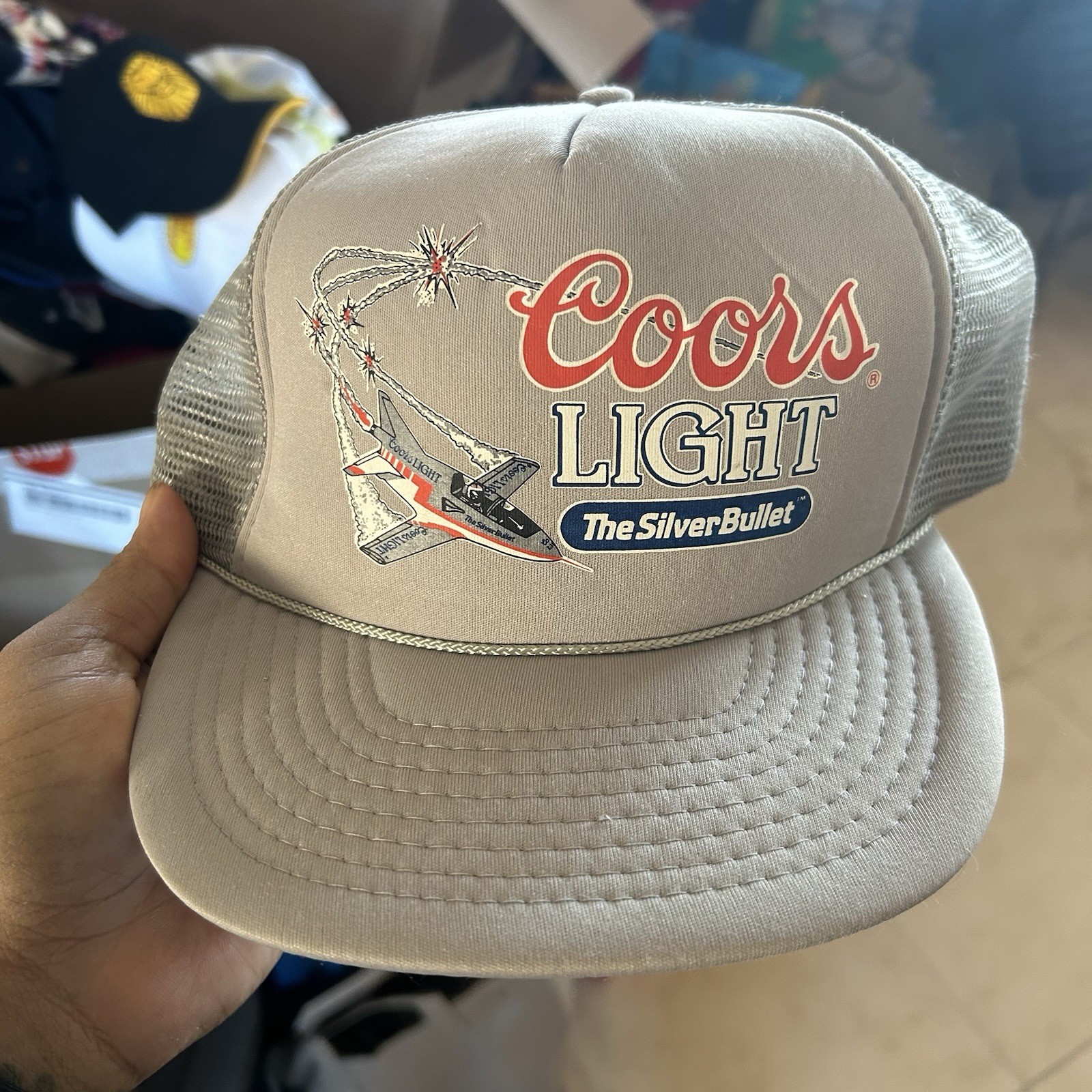 Vtg Coors Light Silver Bullet Mesh SnapBack Trucker Cap Hat Gry Designer Pro