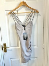 PrettyLittleThing Grey Textured Strappy Ruched Bodycon Mini Dress Size 8 NWT