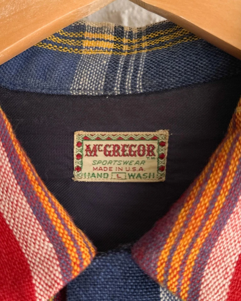 Vintage 1950s Mc Gregor Plaid Flannel Shirt Men's L Loop Collar Mod Multicolor - Image 2 of 4