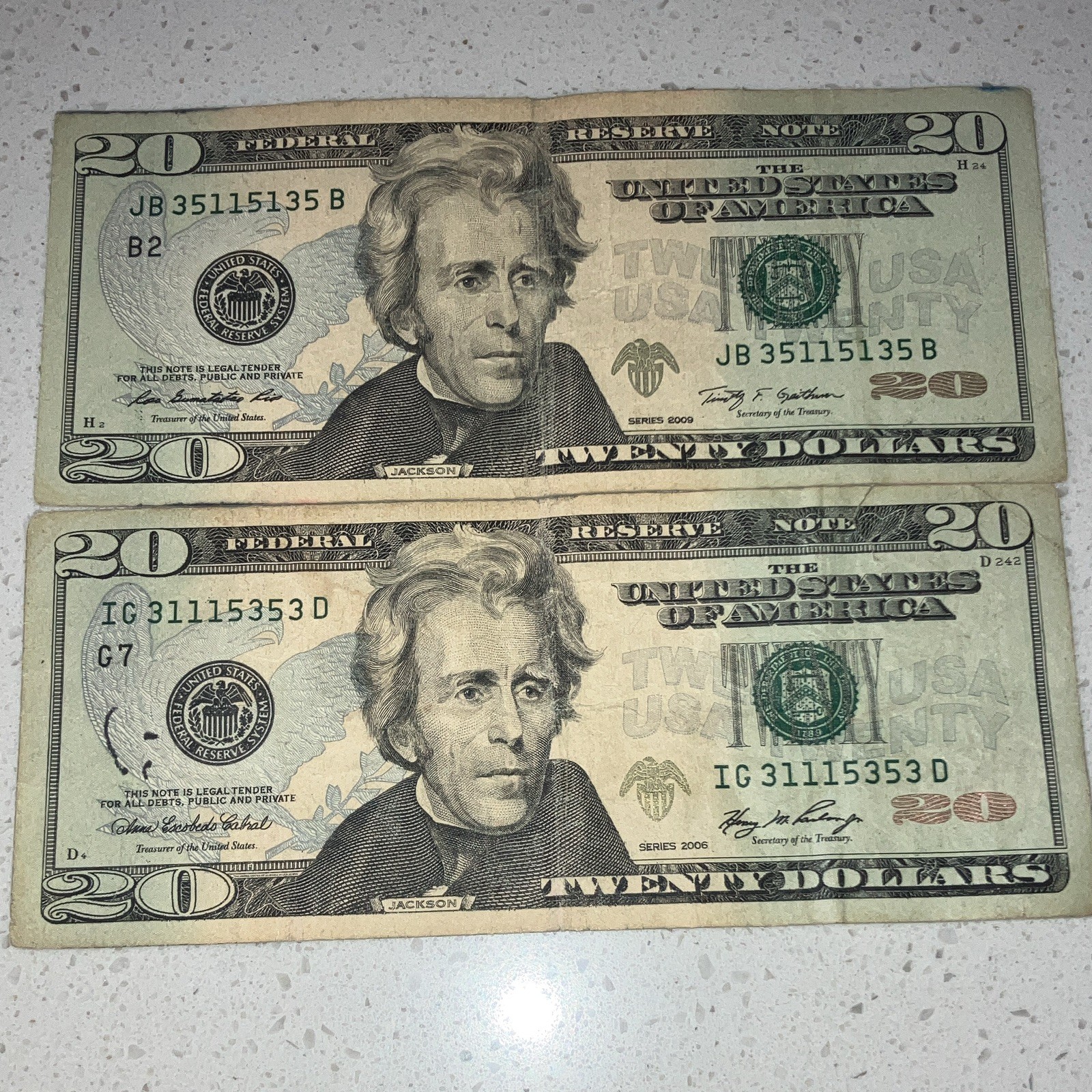 Lot of 2 $20 TRINARY Notes - 3’s, 1’s, & 5’s (2006, 2009) (35115135, 31115353)