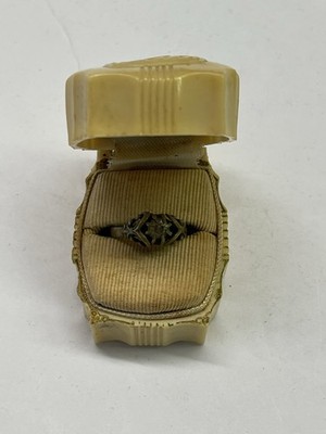 VTG Made in Czech Brass Faceted Glass Stone Ring Sz 7 ArtDeco Celluloid Ring Box