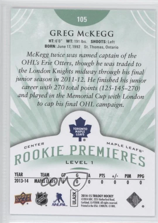 2014-15 Trilogy Level 1 Premieres Radiant Green /199 Greg McKegg #105 Rookie RC - Image 2 of 2
