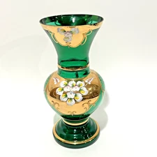 Bohemian Art Glass Vase 10" Paint Raised Enamel Flowers Heavy Gold Encrusted
