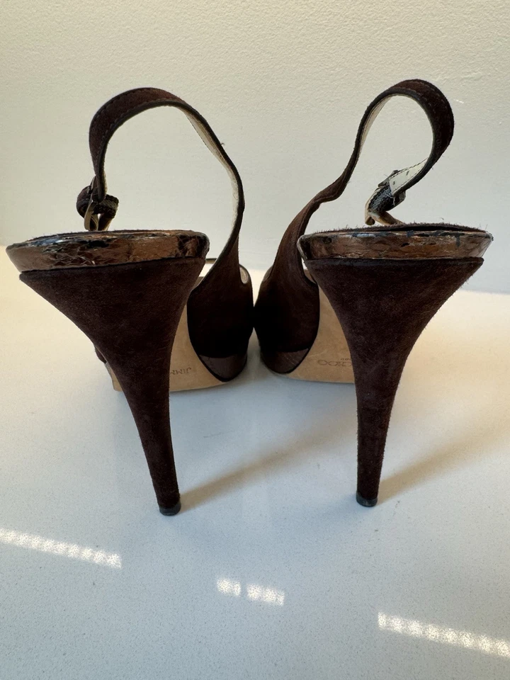 Jimmy Choo Women’s Brown Suede Open Toed Slingback Heels Size 39 - Image 3 of 4