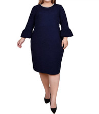 NY Collection Women's 3/4 Length Imitation-Pearl Detail Navy Dress Plus Size 3X