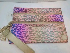 Pink Shiny Leopard Print 2 Zipper Makeup Cosmetic Bag With Tassles And Strap NWT