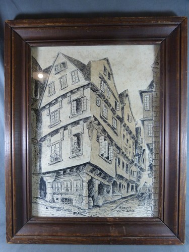 "Disegno a inchiostro franco-indiano firmato O. KERJEAN ""Morlaix nel XVI secolo" - Foto 2 di 10