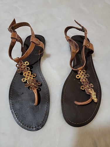 DIANE VON FURSTENBERG WOMEN'S THONG SANDALS PRINT SIZE 7 BROWN, GOLD - Picture 5 of 6