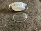RARE VINTAGE PYREX CASSEROLE DISH WHITE ,GOLD TRIM, SERVING TRAY MID- CENTURY
