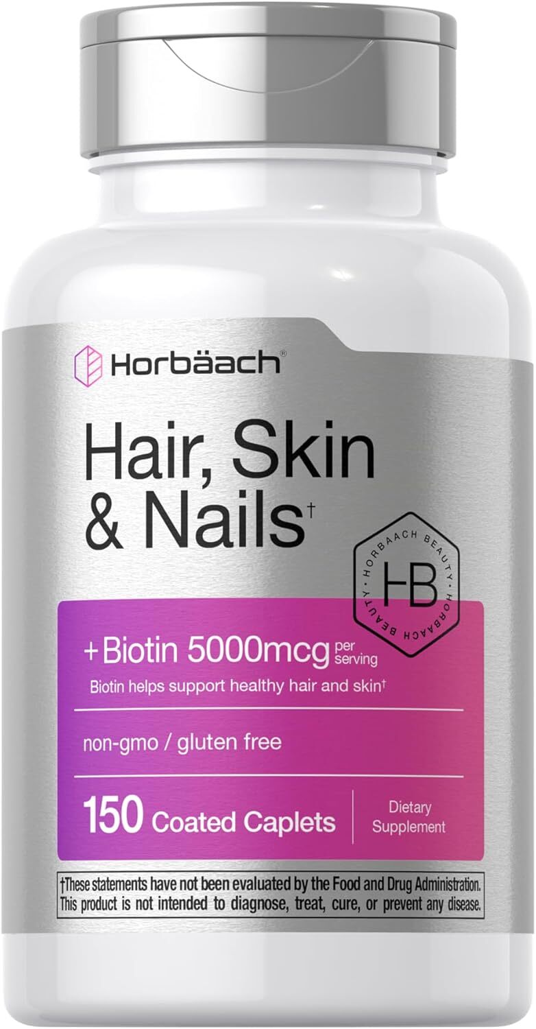 Hair Skin & Nails Vitamins | 150 Caplets | with Biotin  & Collagen | by Horbaach