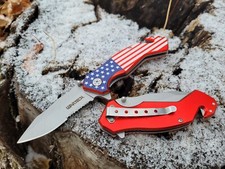 Fast Open Tactical Spring Assisted Pocket Knife Flipper Tab American Flag EDC
