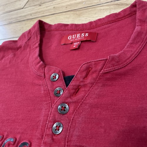 GUESS Henley Shirt Men M Red GUESS DENIM Y2k Spellout Roman Numerals MCMLXXXI - Picture 4 of 24