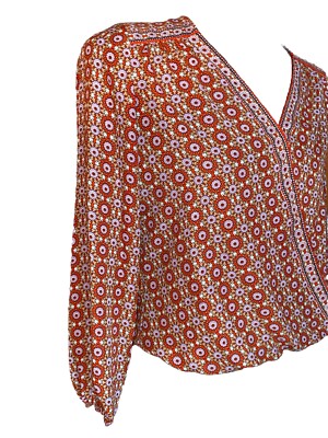MAX STUDIO Geometric-Print High-Low Wrap Top Size XS Puff Sleeves