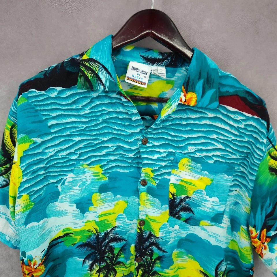 Vtg Jammin Basix Hawaiian Shirt Mens Large Palm Tree Boat Tropical Camp Floral - Image 3 of 4