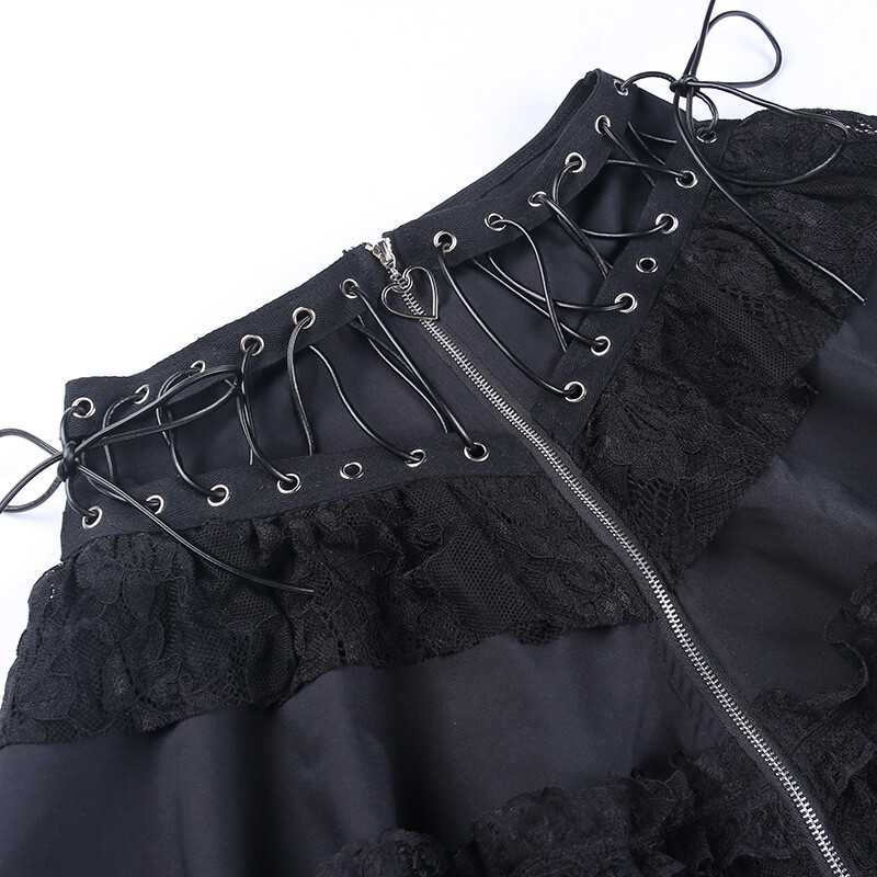 Women Mini Skirt Zip Lace Ruffle High Waist Layered Gothic