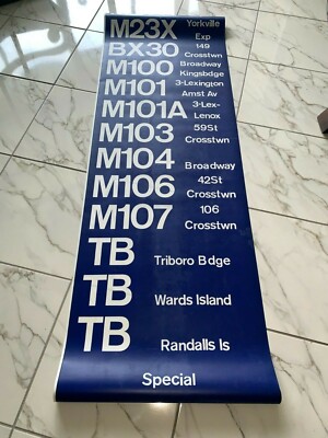 COLLECTIBLE COMPLETE NY NYC BUS ROLL SIGN 20+FT WALL STREET WARDS ISLAND TRIBORO