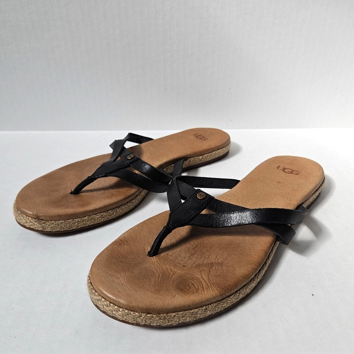 Ugg Sandals Womens Annice Black Leather Jute Trim Preppy Beach