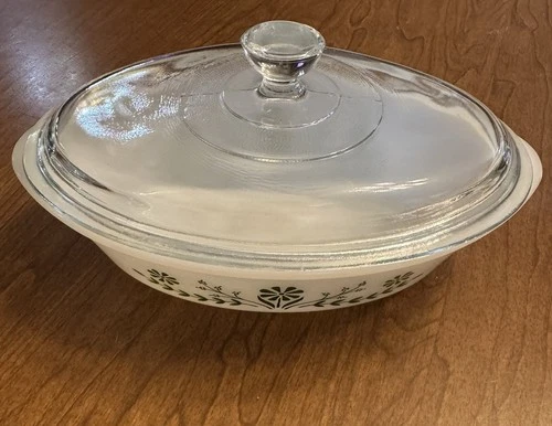 Vintage Glasbake Oval Green Daisy White Casserole Baking Dish & Lid 1 Qt