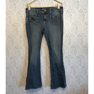 SOWear It Declare It Womens Blue Flare Jeans Medium Wash Utility Pockets Size 15