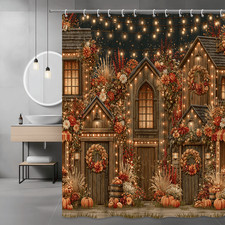 Fall Floral Village Shower Curtain, Rustic House and Lantern Print