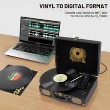 Vintage 3-Speed Bluetooth Record Player Turntable w/ Speakers, RCA, AUX – Black