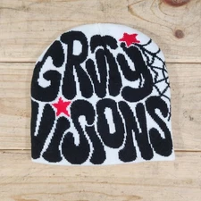 “Grim Visions Beanie White Black Knit Spider Web Graphic Streetwear Winter Hat