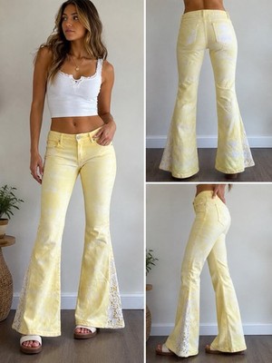 NWT GEMMA + JANE women's Yellow Flare leg lace trim Bellbottom Hippie  SZ 14 31 