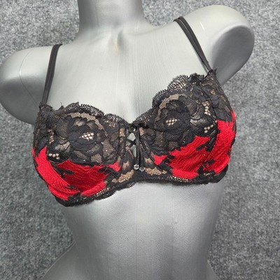 Victoria Secret Unlined Demi Bra Lingerie Red Black Sheer Lace Sexy Bling 34C