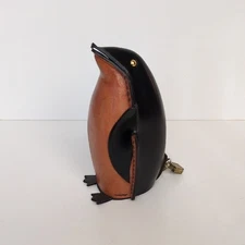 Vintage Leather Kounoike Penguin Piggy Money Bank w/ Lock Key - Tan Black 8"